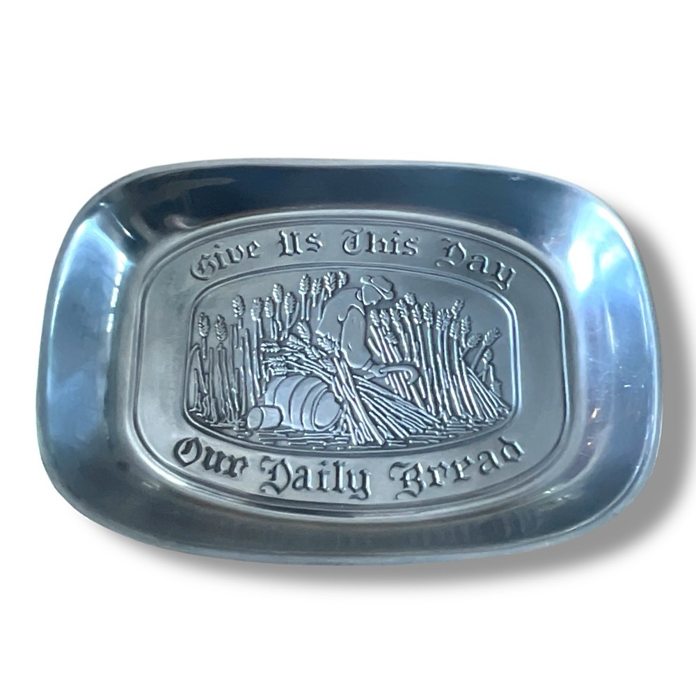 Vintage Pewter Platter Our Daily Bread Christian Religious Prayer Metal Dish